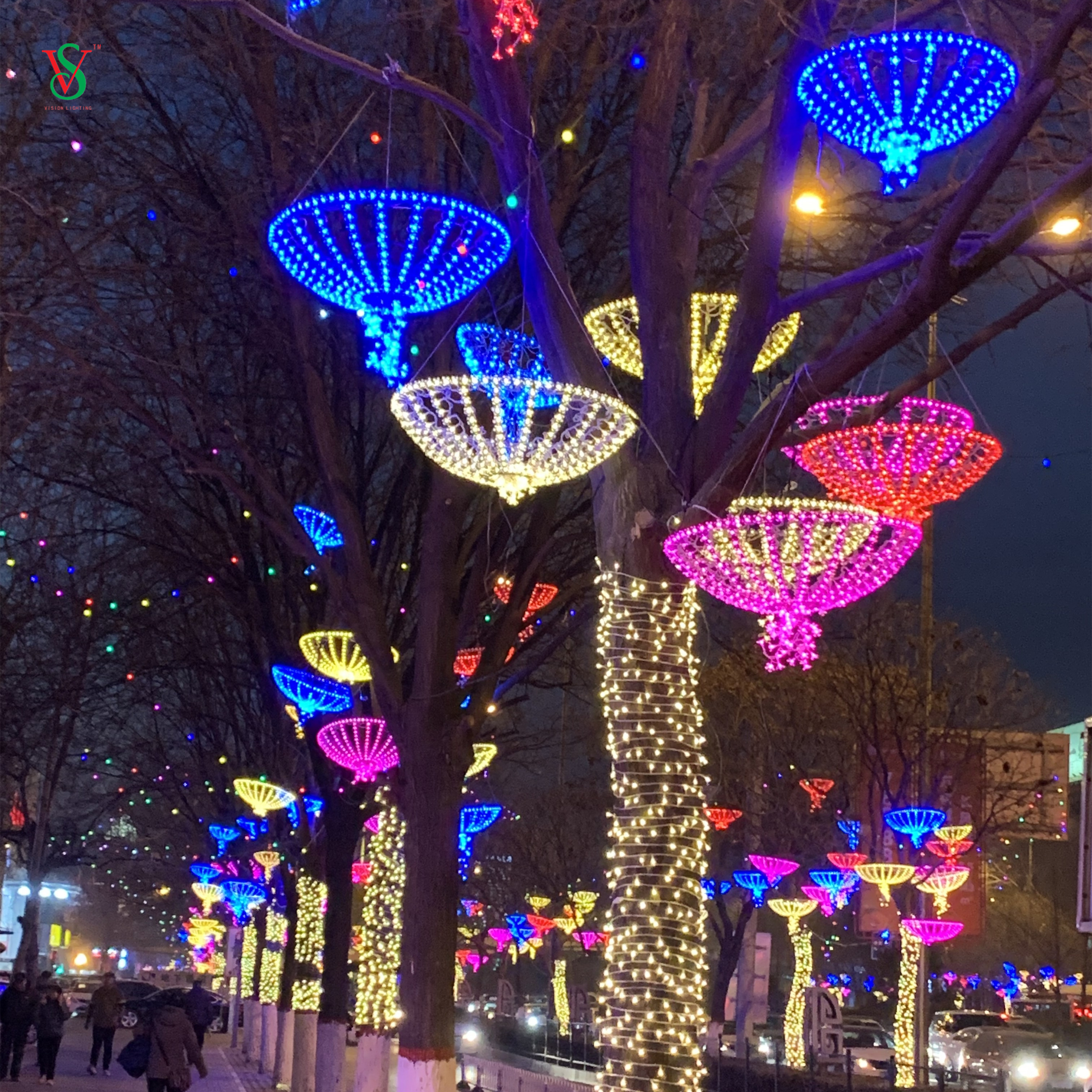 Animierte Weihnachts-Straßendekorationsleuchte, LED-Licht mit Sakura-Regenschirm-Motiv 